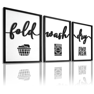 3D Wood Laundry Room Wall Decor, 36" x 16" Framed Laundry Room Wall Art, 3D Laundry Signs for Room Decor (Ready to Hang, Set of 3, Framed)