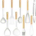 Large Silicone Cooking Utensils Set - Heat Resistant Silicone Kitchen Utensils for Cooking w Wooden Handles, Spatula Set, Kitchen Utensil Gadgets Sets for Non-Stick Cookware, BPA Free (Cream White)