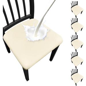 Waterproof Dining Chair Seat Covers Set of 6, Stretch Removable Dining Room Seat Covers for Dining Chairs, Kitchen, Hotel, Party (.Beige)