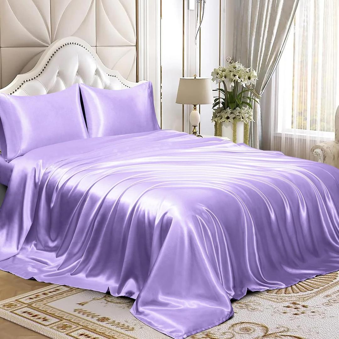 Homiest 4pcs Satin Sheets Set Luxury Silky Satin Bedding Set with Deep Pocket, 1 Fitted Sheet + 1 Flat Sheet + 2 Pillowcases (Queen Size, Lavender)