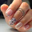 French Tip Press on Nails Short Square Fake Nails False Nails with Leopard Print Glitter Designs Cute Acrylic Nail Glossy Glue on Nail for Women Girls 24Pcs (Style31)