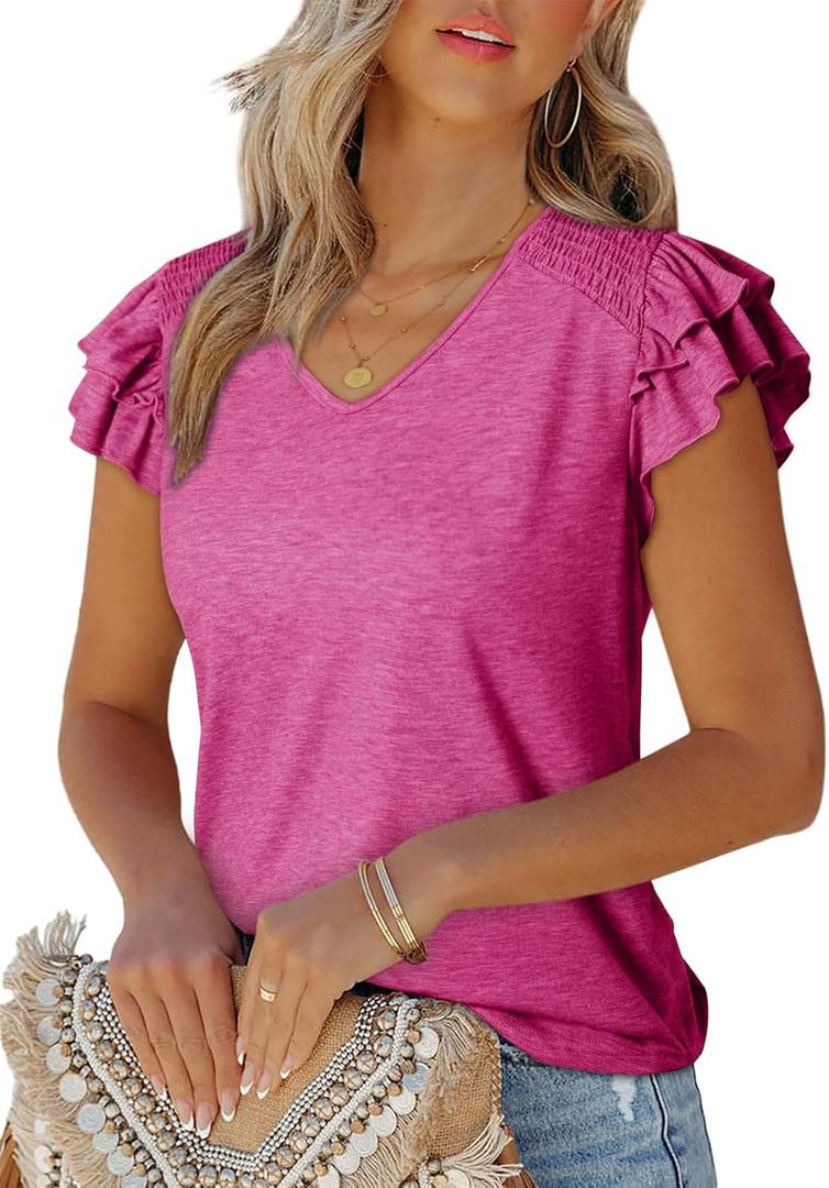 Dokotoo Women's Casual Ruffle Short Sleeve Tops Cute Solid Color Knit Ribbed T Shirts Blouses