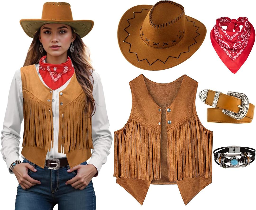 Women Cowgirl Costume Western Vest Hat Belt Set for Cowgirl Cowboy Halloween Cosplay (Medium, Brown)