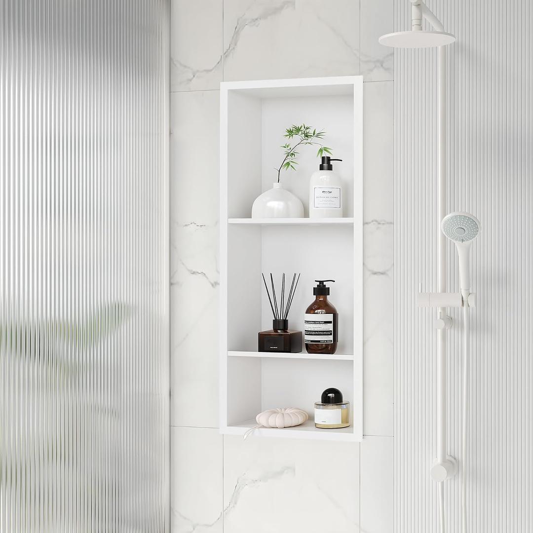 Qeke Stainless Steel Shower Niche 12" X 29", No Tile Needed Wall Niche Three-Tier, Recessed Shower Shelf for Bathroom Storage, Matte White