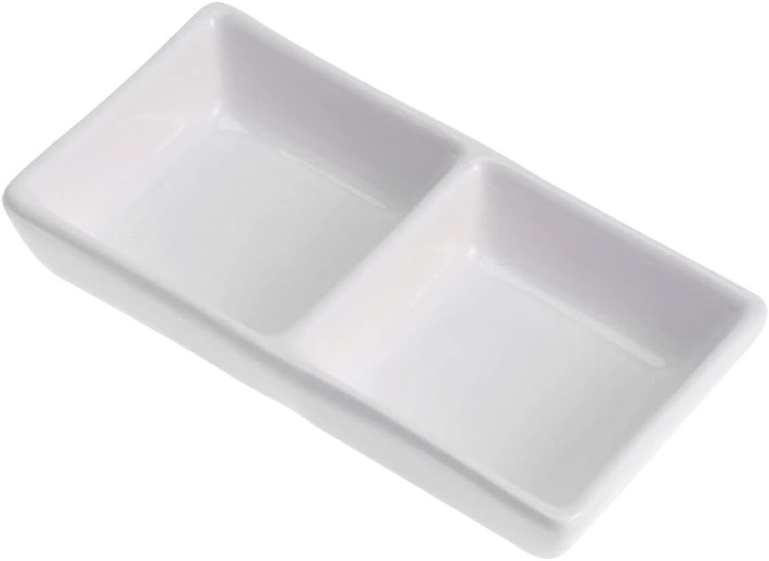 Kichvoe Divided Ceramic Dish 2 Compartment Appetizer Plates Soy Dipping Sauce Dishes Charcuterie Bowls Snack Platter for Soy Vinegar Ketchup BBQ Sauce Side Dishes White