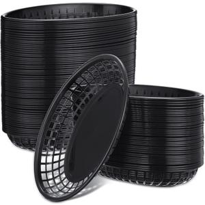 Potchen 100 Pcs Fast Food Baskets 8.9 x 5.5 Inch Plastic Baskets for Food Black Chip Tray Reusable Bread Fry Oval Serving Tray for Restaurant Supplies Hot Dog Deli Serving Chicken