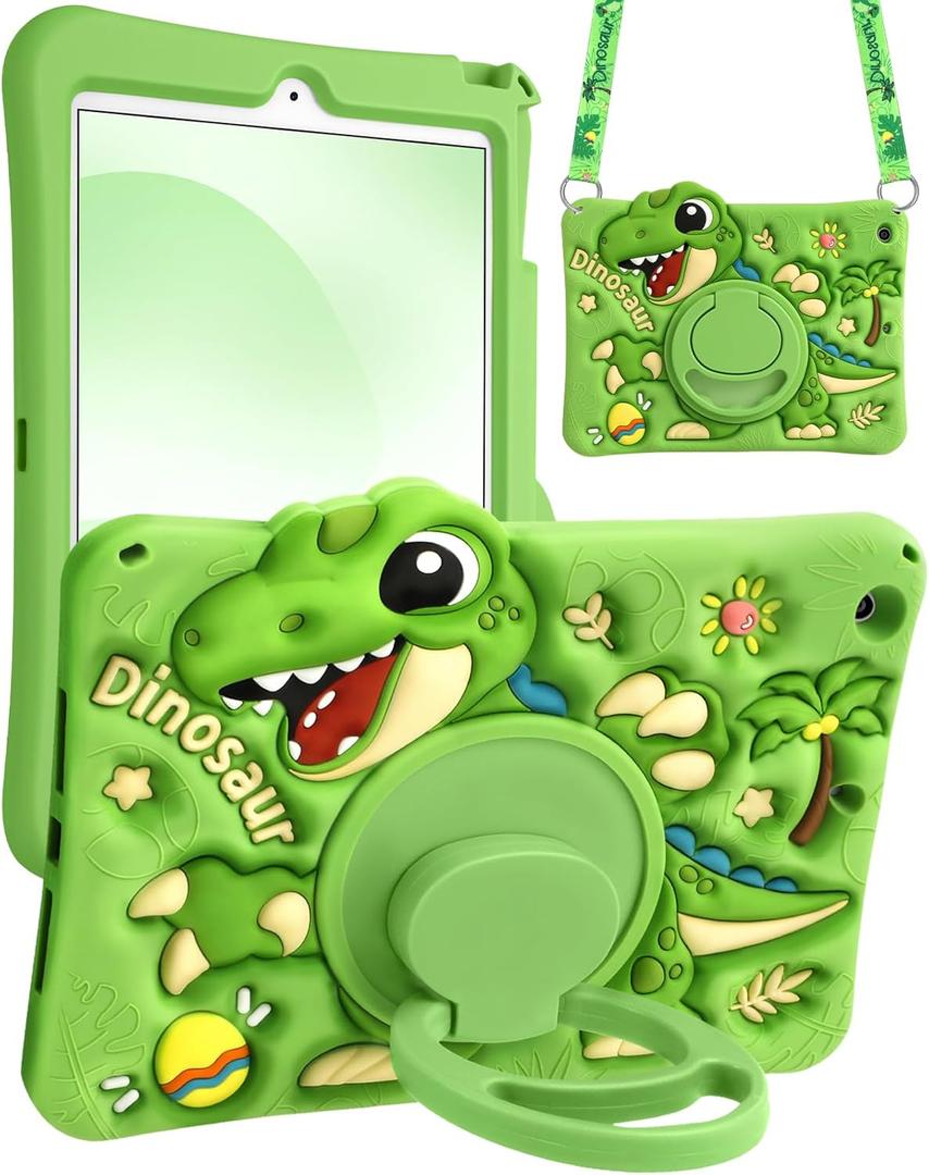 Boaretiu for iPad 9th/8th/7th Generation Case 10.2 inch (2021/2020/2019) - Cute Cartoon Silicone Tablet Case Cover with Adjustable Shoulder Strap & Rotating Stand for Kids Boys Girls, Green Dinosaur