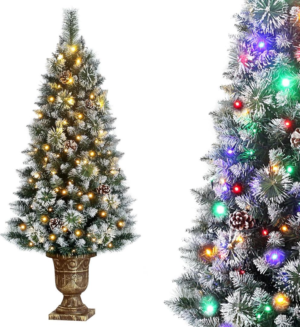 4ft Christmas Tree Pre-Lit Artificial Mini Trees with Gold Pot Base, Flocked Snow Warm White and Colorful Lights Pine Cones, for Entrances, Home Decorations Holiday Decor