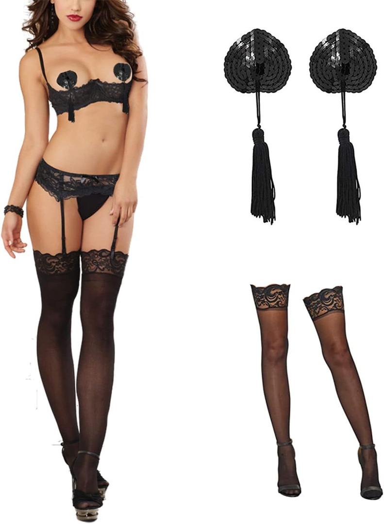 Women Lingerie Sets with Garter Belt Lace Teddy Babydoll Bodysuit Push Up Underwired Floral Bra and Panty Set (Black, S)