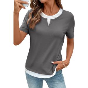 SHEWIN Womens Tops Casual Crewneck Color Block Short Sleeve Mock Double Layer T-Shirt Summer Outfits for Women 2026 (Large, Medium Grey)