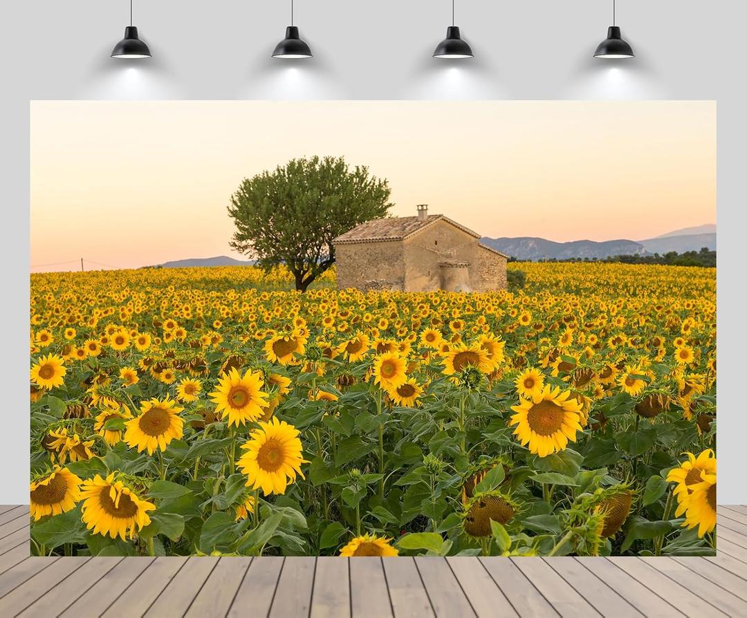 20ftx10ft Sunflowers Field Backdrop Beautiful Rural Stone House Big Tree Natural Scenery Background for Sunflower Theme Birthday Party Decoration Kids Adults Portrait Photo Studio Props (20x10FT, B1-617)