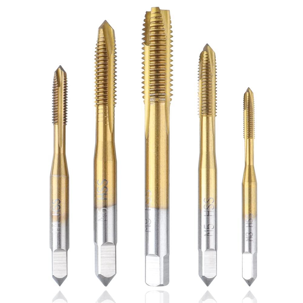 5Pcs Machine Screw Tap Set, Spiral Flute Drill Taps Metric Thread Tapping Tool | Titanium Coated HSS 6542 Spiral Point Plug Threading Tap M3 M4 M5 M6 M8