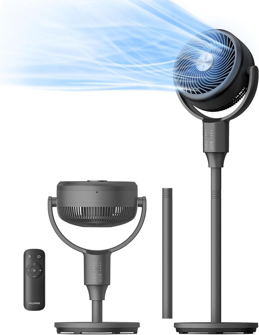 PELONIS Pedestal Fan, Air Circulator, Ultra OmniFlow (135°+90°Auto Oscillation), Quiet Floor Fan with 3 Speeds, Remote, 7H Timer, Memory Function, Adjustable Height, Standing Fan for Bedroom