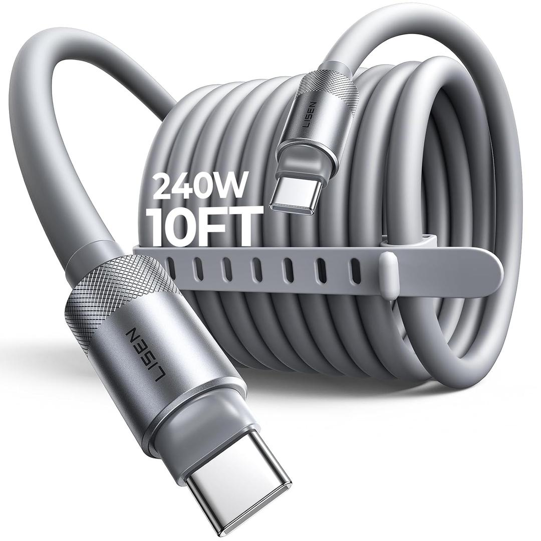 LISEN 10FT USB C Cable Fast Charging, Chubby 240W Cable USB C to USB C Fast Charging Soft Silicone USBC to USBC Parallel Cable for iPhone 17 Pro Max 16 15 Air Samsung S25 Ultra MacBook Pro Air iPad