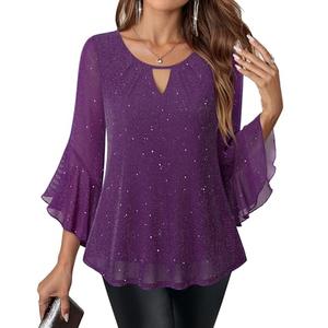 VALOLIA Plus Size Tops for Women: 3/4 Sleeve Sparkly - Women Dressy Blouses - Dressy Tops to Hide Tummy Holiday Vacation Chic Elegant Top Club Concert Shirts for Christmas Night Out Cruise Violet, 2XL