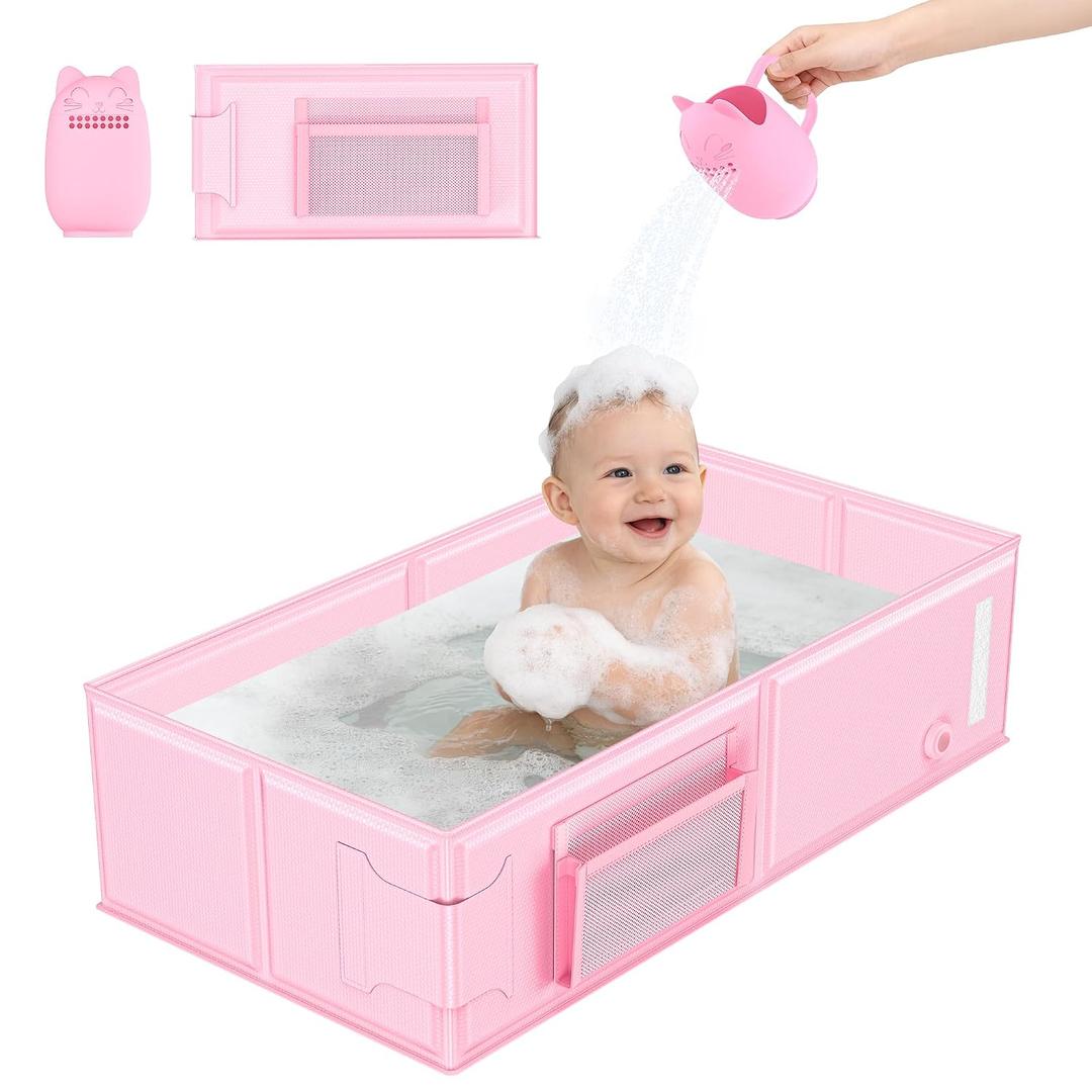 Foldable Baby Bathtub, Converts Shower to Tub, 2-in-1 Portable Toddler Tub with Rinse Cup, No Assembly Easy to Clean, Space-Saving Collapsible Baby Bath Tub for Small Bathroom, Travel & Camping, 6M-5Y