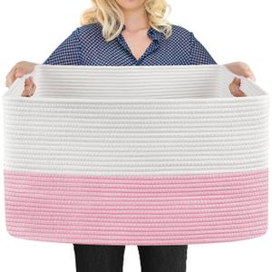 MEGASKET Large Pink Storage Basket, 22" x 17" x 12" Rectangle Cotton Rope Bin for Organizing, Woven Blanket storage for Living Room, Kids Toy Bin Box, Decorative Nursery Storage, Pink Room Decor