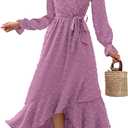 BTFBM Long Sleeve Maxi Dresses for Women V Neck Swiss Dot Boho Flowy Slit Cocktail Wedding Guest Dress Fall Clothes 2025 (Medium, Purple)