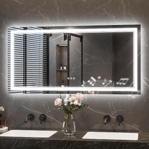 Keonjinn 48" x 24" Lighted Mirrors for Bathroom Wall with Bluetooth Speaker, Frontlit & Backlit LED Bathroom Mirror, Bluetooth Mirror Bathrooms, Tempered Glass, Anti-Fog, 3000K/4500K/6500K, Dimmable