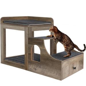 Pet Bunk Bed for Cats, Multi-Level Pet Window Perch Seat Platform with Removable Stairs and Mats for Cats and Dogs, Pet Bed Couch with Drawers for Bedside, Home, Indoor Use, Grey