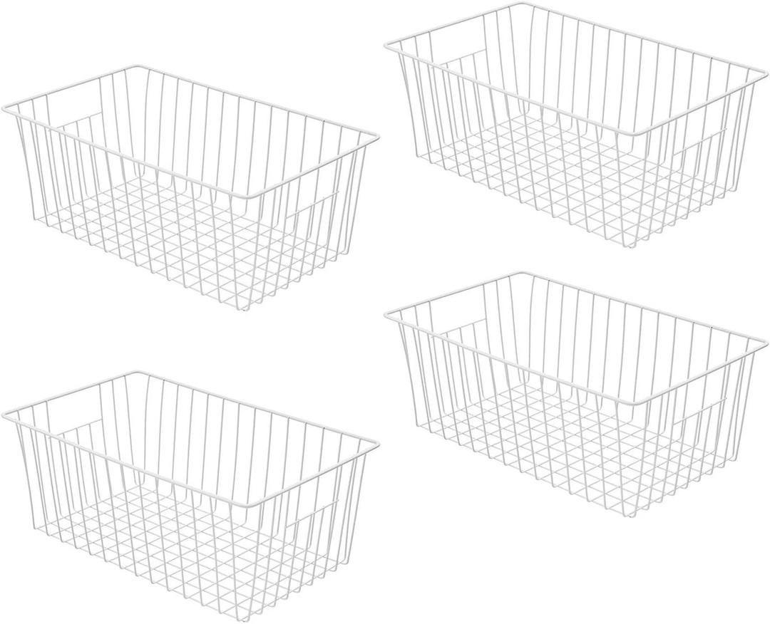 16inch Freezer Wire Storage Baskets, Refrigerator Organizer Bins with Handles, Large Farmhouse Metal Basket for Kitchen Cabinets, Pantry, Closets, Bedrooms, Bathrooms (White) (4)
