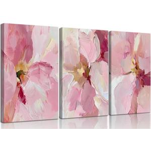 3Pcs Abstract Blush Pink Flower Canvas Wall Art, Textured Thick Paint Modern Floral Bloom Oil Painting Poster Print, Wall Decor Artwork for Bedroom Living Room Dining Room Home Decoration 24x16