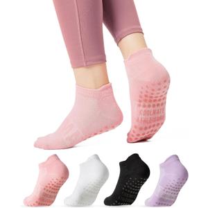 COOLMATE Pilates Socks with Grips for Women, Yoga Socks, Crew Non Slip Women for Barre, Pilates Gifts for Women (A-04a. 4 Pairs Black/White/Light Purple/Pink)