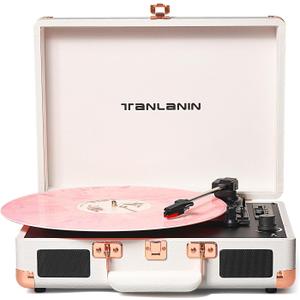 Vinyl Record Player Bluetooth Vintage 3-Speed Portable Suitcase Turntables with Built-in Speakers, Belt-Driven LP Player Support USB Recording AUX-in RCA Line Out Headphone Jack, White (White Rose Gold)