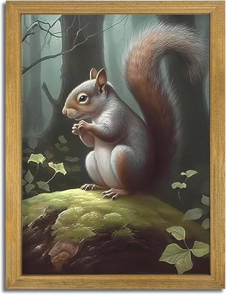 SAMHOU Framed Vintage 3D Textured Wall Art, Hand Drawn Sandstone Squirrel Prints Pictures, Dark Nature Animal Wall Decor for Living Room Bedroom Bathroom Nursery 12x16 inch