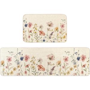 Floral Farmhouse Kitchen Rugs and Mats Set of 2, Absorbent Spring Summer Non-Slip Washable Kitchen Floor Mats Standing Rug for Sink Entryway,17x48 Inch Floral Runner + 17x24 Inch Mat,Boho Flower