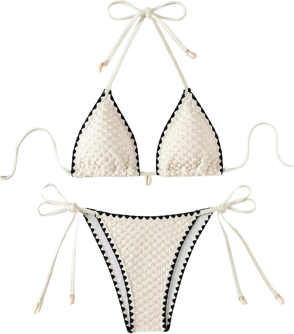 SHENHE Women's 2 Piece Triangle Tie Side Beach Bikini Sets Geo Print Halter Swimsuit Bathing Suit X-Small, Gear Edge Beige
