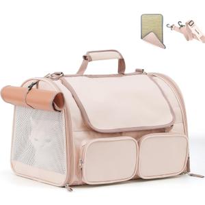 FUKUMARU Cat Carrier, 4 Mesh Windows Small Dog Carrier, 4 Storage Pockets Cat Travel Bag, Under 15 lb Airline Approved Pet Carrier, Rollable Cover for Nervous Cats, Pink