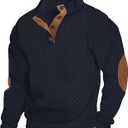 Men's Casual Sweatshirt Pullover Sweater Casual Long Sleeve Stand Collar Quarter Button Sweaters (Medium, Navy)