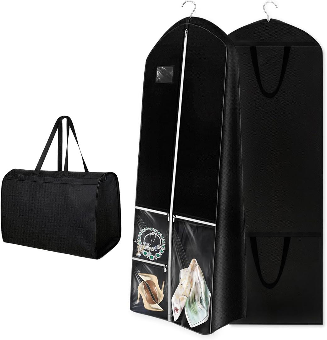 Dress Garment Bags, Long Garment Bags for Travel, 70' Wedding Dress Cover with Handle, Foldable Clothing Bag with Pockets and Zippers, Black, 180 cm
