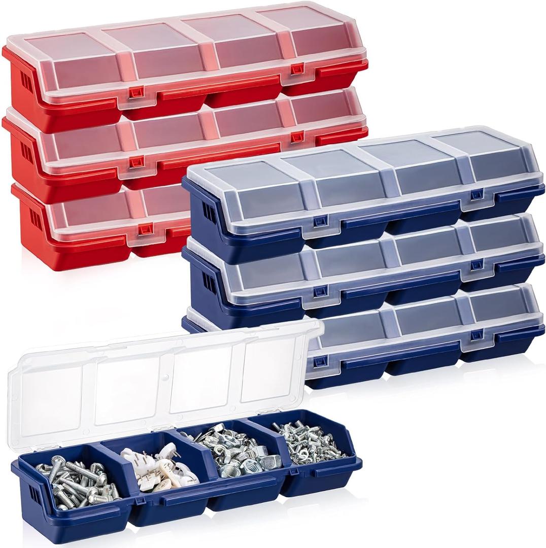 Hushee 6 Pcs Screw Organizer Box with Lid 4 Compartments Tool Bin Divider Plastic Stackable Hardware Organizer Small Part Storage Sorting Screw Box for Garage Workbench Craft Storage (Blue,Red)