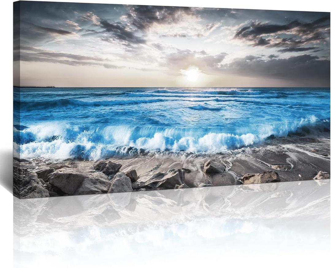 Lapremoly Wall Decoration For Living Room Framed Canvas Wall Art For Bedroom Office Wall Decor Black And White Beach Wall Painting Blue Sea Wave Pictures Artwork Modern Hotel Room Home Decor (40L" x 20W")