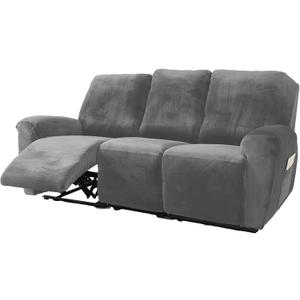 NORTHERN BROTHERS Velvet 8 Pieces Recliner Sofa Covers 3 Seater, Stretch Recliner Couch Cover for Reclining Couch, Thick Soft Reclining Couch Cover Washable for Kids, Light Grey