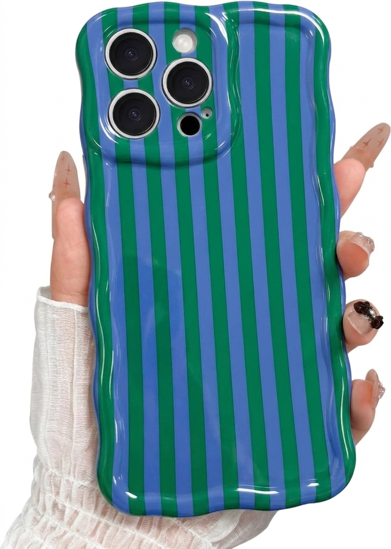 for iPhone 14 Case, Cute Striped Pattern and Curly Wavy Edge Aesthetic Gloss Phone Case, Stylish Slim Shockproof Soft TPU Protective Cover for iPhone 14, Blue Green