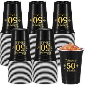 50 Pack 50th Birthday Decorations Birthday Cups 16 oz Disposable Plastic Gold and Black Cheers to 50 Years Cups for Men Women Hot Cold Drinks for Wedding Anniversary Supplies