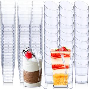 Nuogo 100 Pcs Mini Dessert Cups with Spoons Include 3 oz Square Plastic Appetizer Cups 2.5 oz Slanted Round Parfait Shooter Cup Small Clear Mousse Pudding Cup for Wedding Baby Shower Birthday Party