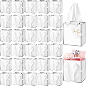 Yeaqee 50 Pcs Mini Metallic Paper Gift Bags with Handles 4x2.75x4.5'' Tiny Small Gift Bags with Thank You Tag for Wedding Graduation Birthday Party Return Gifts Jewelry Business (White,Silver)