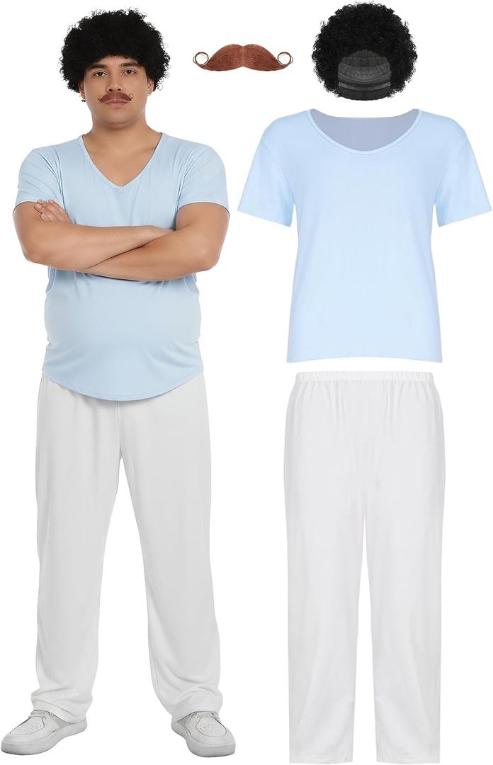 Man Halloween Costume Adult Leisure Blue Shirt White Pants Wig Beard Wrestler Halloween Outfit Accessories (X-Large)