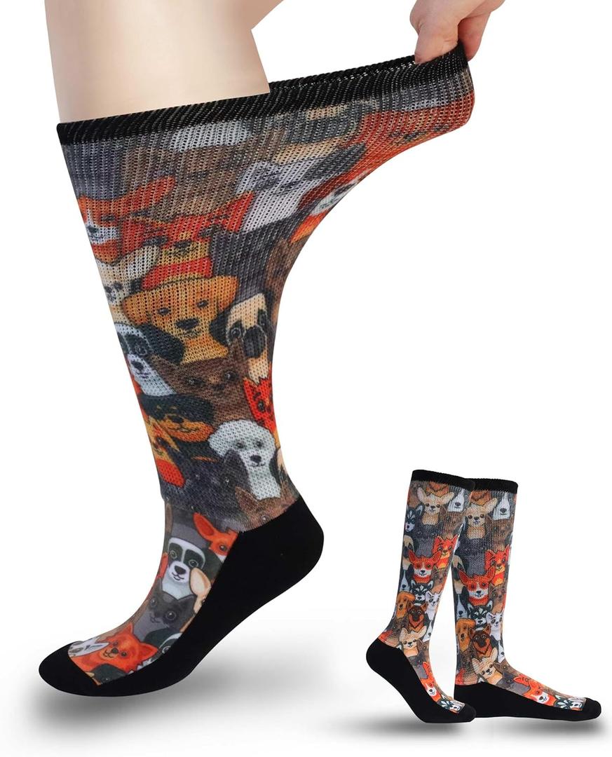 Diabetic Socks for Women & Men Extra Wide, Over The Calf Non Binding Lymphedema Neuropathy Swollen Feet for Women Men (I-dog-1pair)