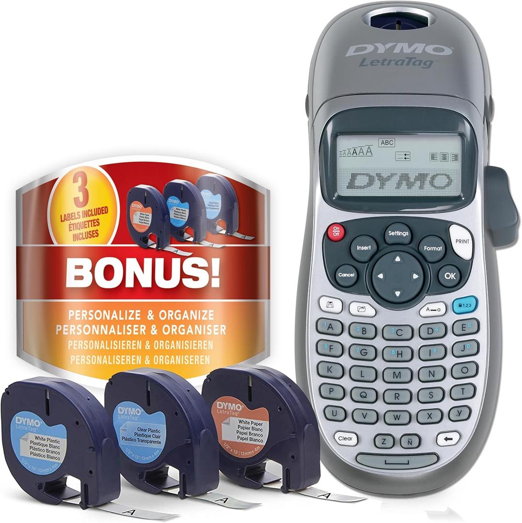 DYMO Label Maker Machine with Tape - 100H LetraTag Handheld, Comes with 3 LT label tapes. Great for Home & Office Organization DYMO Label Maker Machine with Tape - 100H LetraTag Handheld, Comes with 3 LT label tapes. Great for Home & Office Organization