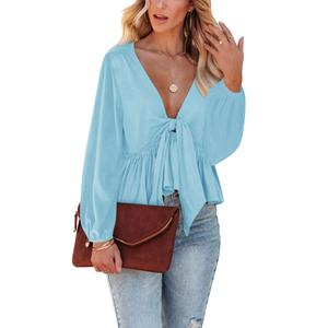 Fanway&EC Women's Long Sleeve V Neck Blouses Babydoll Tie Front Shirts Ruffle Hem Casual Crop Tops XL
