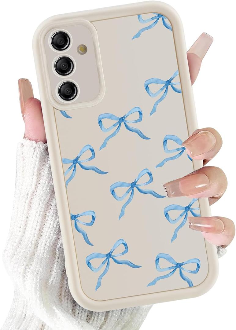 Cute Bow Case for Samsung Galaxy A14 5G 6.6'', Blue Ribbon Bow Pattern Print Design Funda Aesthetic Coquette Slim Soft TPU Silicone Shockproof Full Camera Protective Cover for Women Girl - White