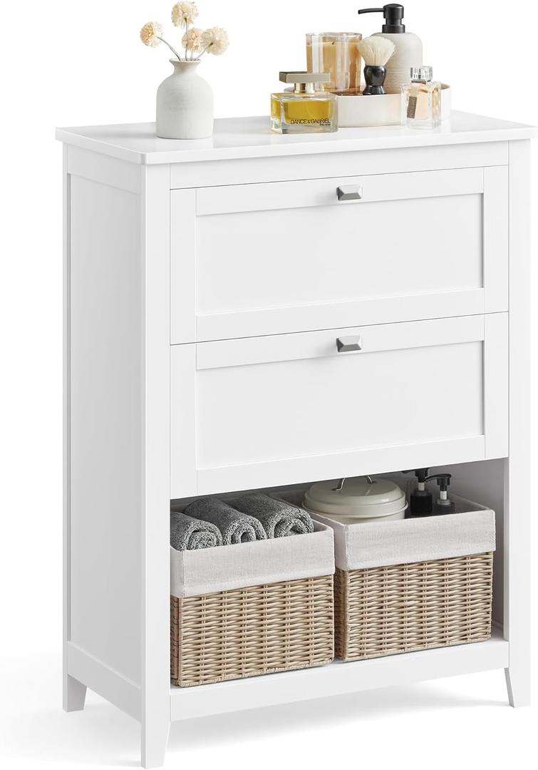 VASAGLE Storage Cabinet, Freestanding Floor Cabinet, 2 Drawers with 1 Set of Adjustable Divider, 2 Baskets, Sideboard, 11.8 x 23.6 x 31.5 Inches, for Bathroom, Living Room, Cloud White UBBC545W02