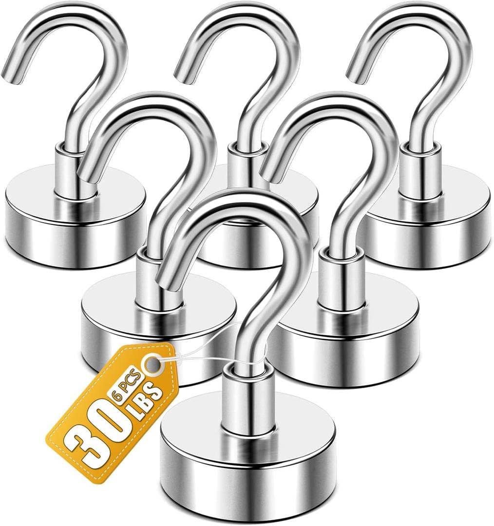DIYMAG Magnetic Hooks, 30lbs+ Magnet Hook 2026 Cruise Cabin Ship Essentials N52 Heavy Duty Strong Magnets Refrigerator Fridge Hanging for Classroom Beach Vacation Kitchen Grills Home 6 Pack (Silver)