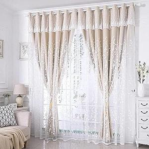 Amidoudou 1 Pair Double Layer Flower Curtains for Girls Room Living Room Pastoral Flowers and Leaf Embroidered Curtains for Bedroom (Beige,54x96 Inch)