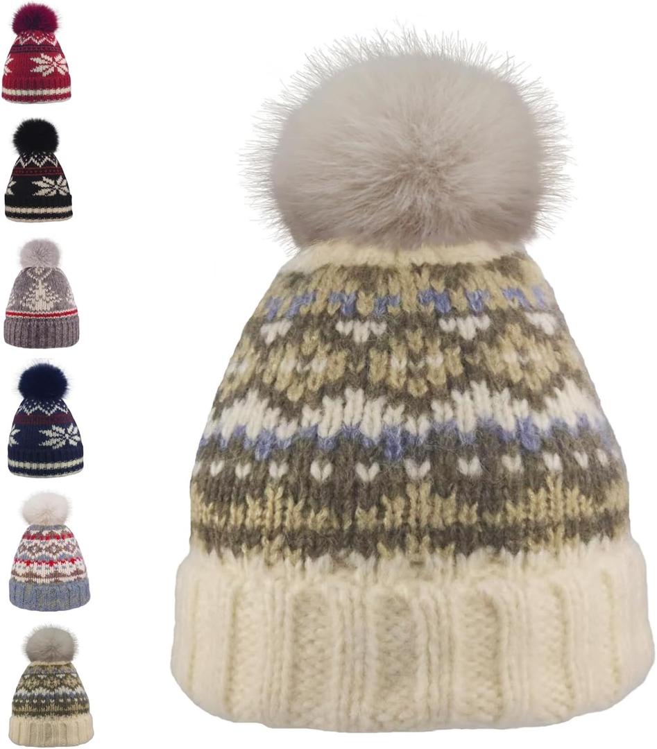2 x Kids Winter Knit Beanie Hat for Boys Girls Age 3-8 with Faux Fur Pom Warm Fleece Lined, Small